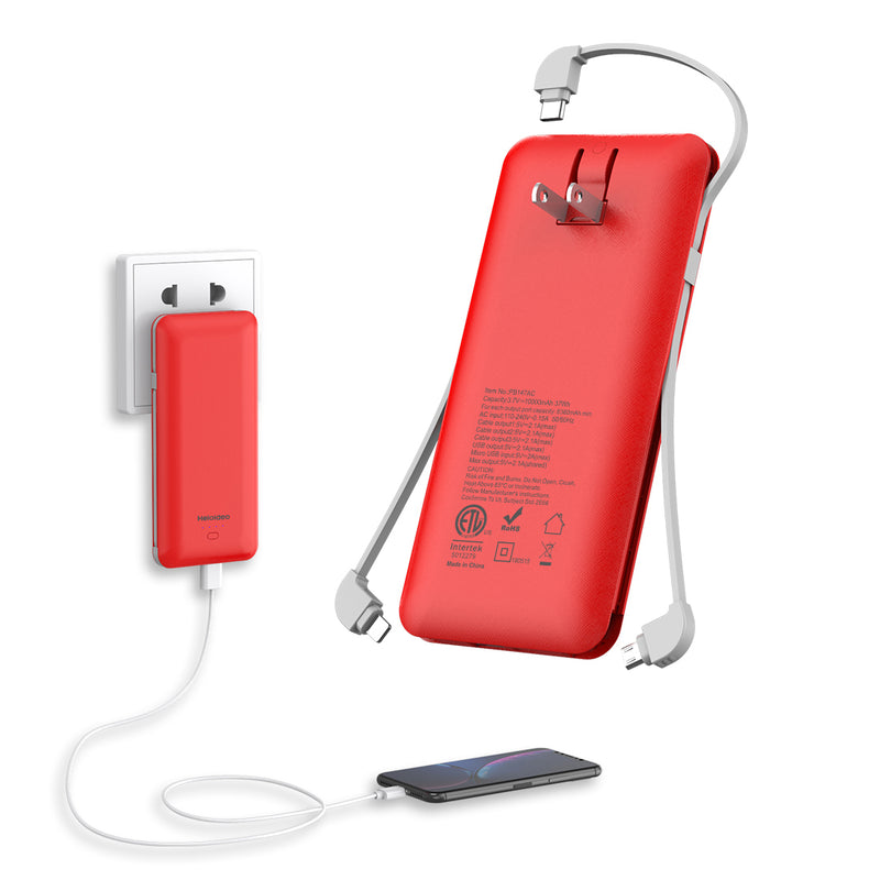 Heloideo ultra slim dual USB ports power bank 10000mah USB C Power Bank ETL Charger With  AC wall charger 3 Charging cable 4 output  for iPhone  #PB147AC Heloideo