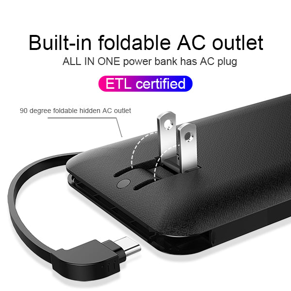 super slim AC plug power bank 10000mah External Battery Pack Charger with Cable Built-in two lightning cable Type-c cable iphone cable Three Kinds cable high capacity power bank for smartPhone PB147 Heloideo