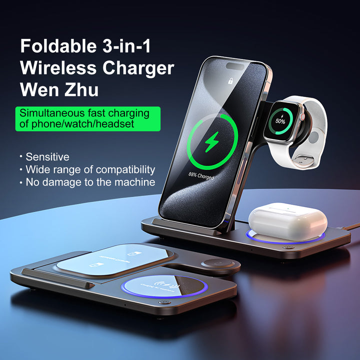 3-in-1 foldable wireless charger for iphone，Air pods， i-watch Heloideo