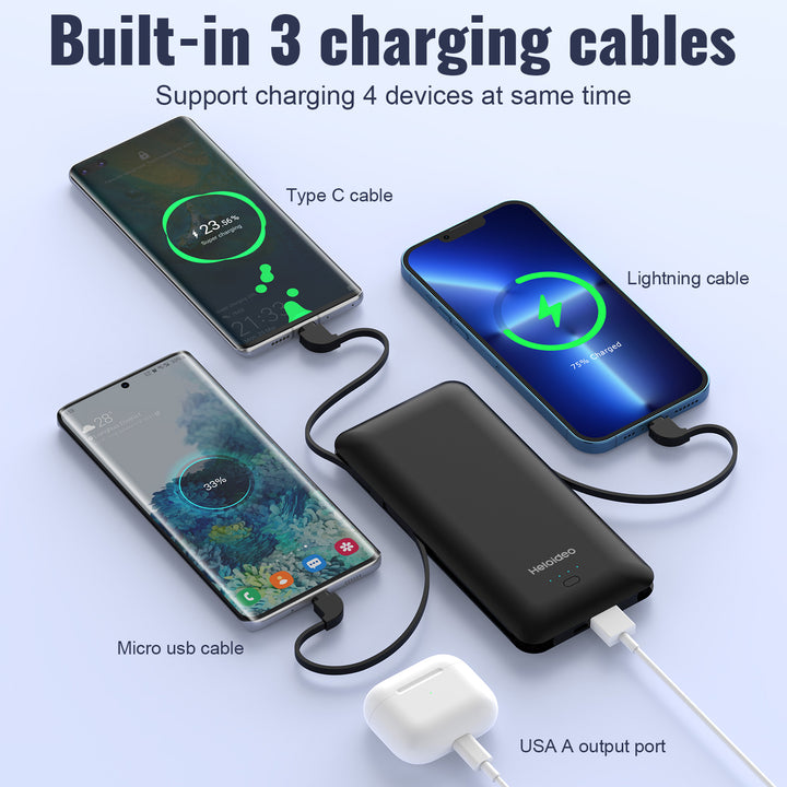 10000mah Ultra-Slim AC plug Power Bank Charger built-in Lightning cable Micro Cable Type-c cable for iphone android phone Heloideo PB147AC Heloideo
