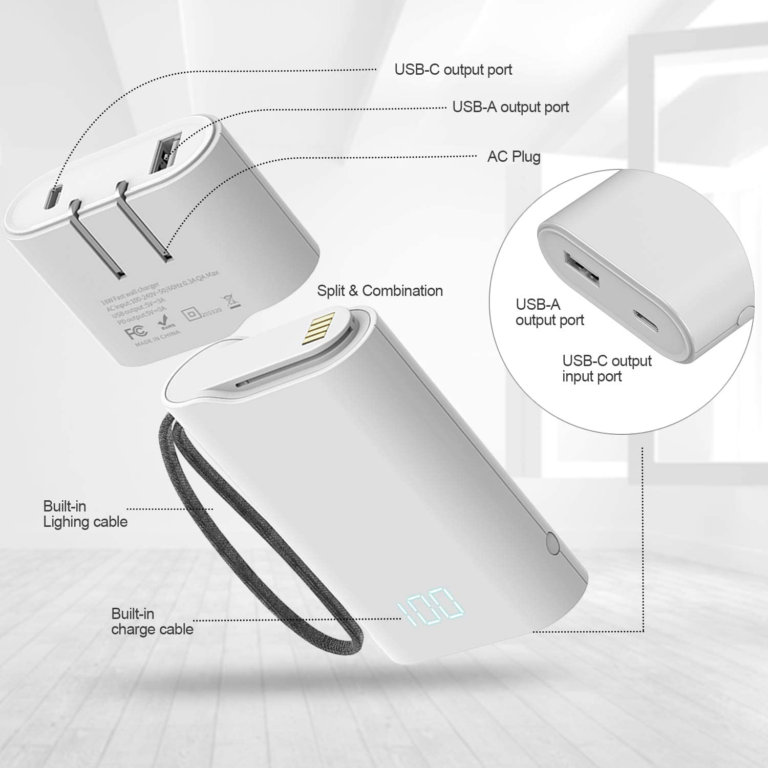 Removable 45W  AC Power Bank 10000mAh,Quick Charge USB C High-Speed Portable Charger Heloideo