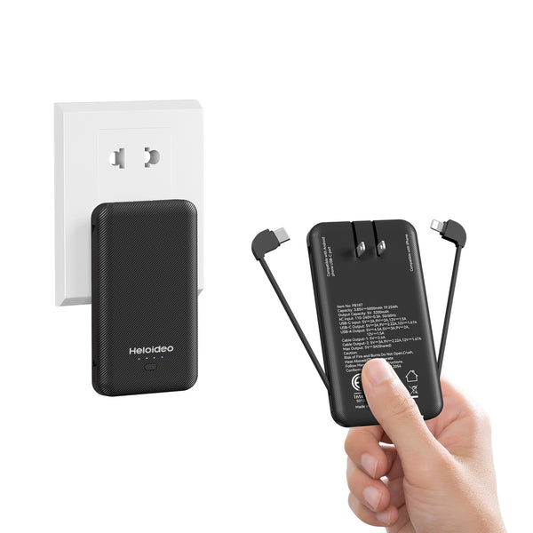Heloideo ultra slim dual USB ports power bank 5000mAh Universal Slim Power Bank All In One Portable Charger with Lightning Cable And Type C Cable Battery Pack for iPhone Android phone  Heloideo P187