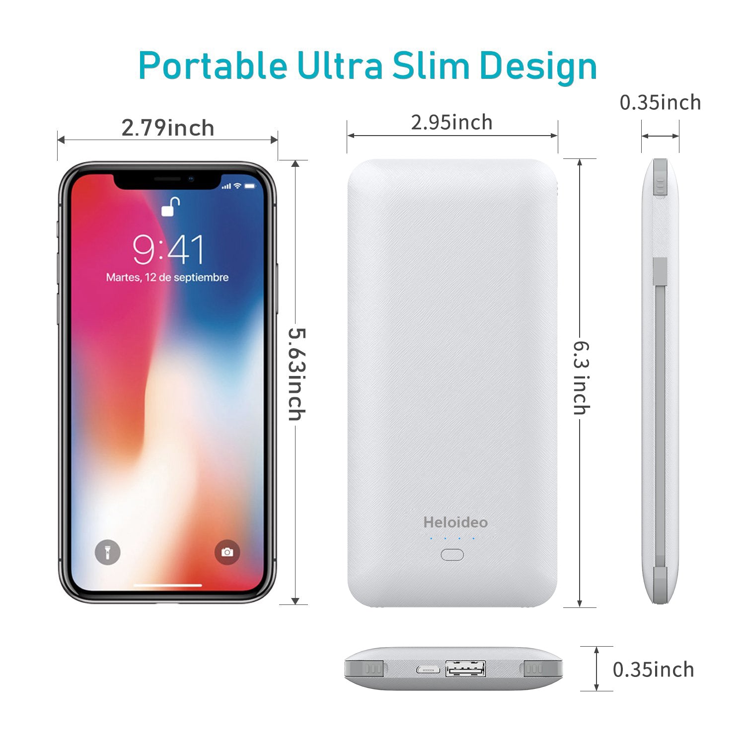 10000mAh Heloideo Slim Portable Charger Compact Power Bank External Battery Pack Charger with Cable Built-in Micro Type-c Three Kinds cable 10000mah for Mobile Phone 📱PB147 ( NO AC outlet） Heloideo