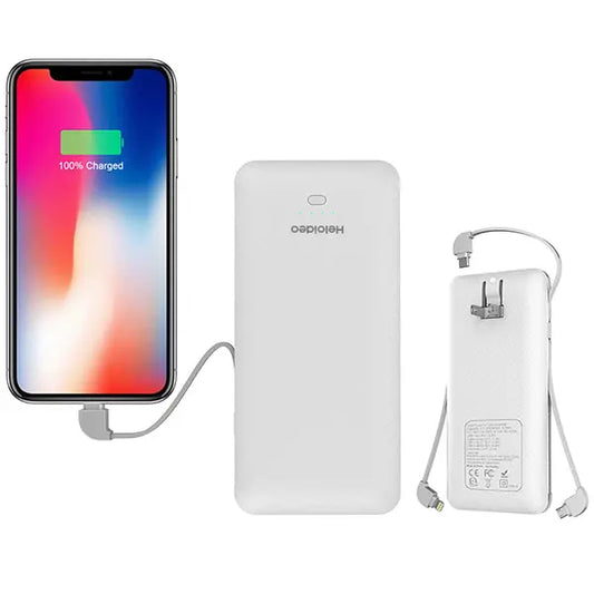 ETL 10000mAh AC plug Portable Power Bank Charger with built-in Lightning cable + Micro Cable + Type-c cable for iphone android phone Heloideo PB147AC Heloideo