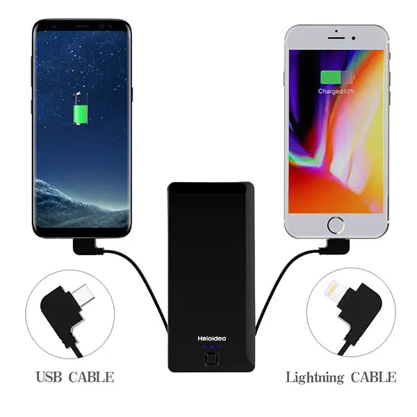 Heloideo ultra slim dual USB ports power bank 5000mAh Universal Slim Power Bank All In One Portable Charger with Lightning Cable And Type C Cable Battery Pack for iPhone Android phone  Heloideo PB085E Heloideo