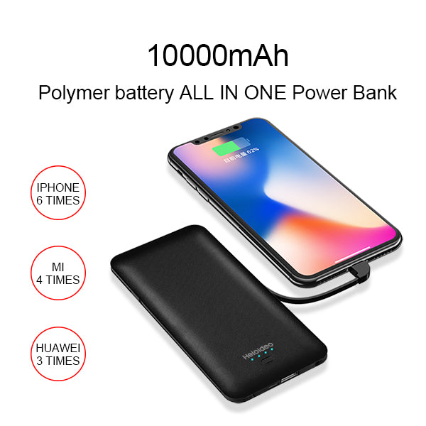 All in One Super Slim best power bank External Battery Pack Charger 10000mah  with Cable Built-in Micro Type-c liphone cable Three Kinds cable high capacity power bank for smartPhone PB147 ( NO AC outlet） Heloideo